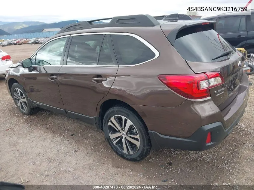 2019 Subaru Outback 2.5I Limited VIN: 4S4BSANC9K3216759 Lot: 40207470