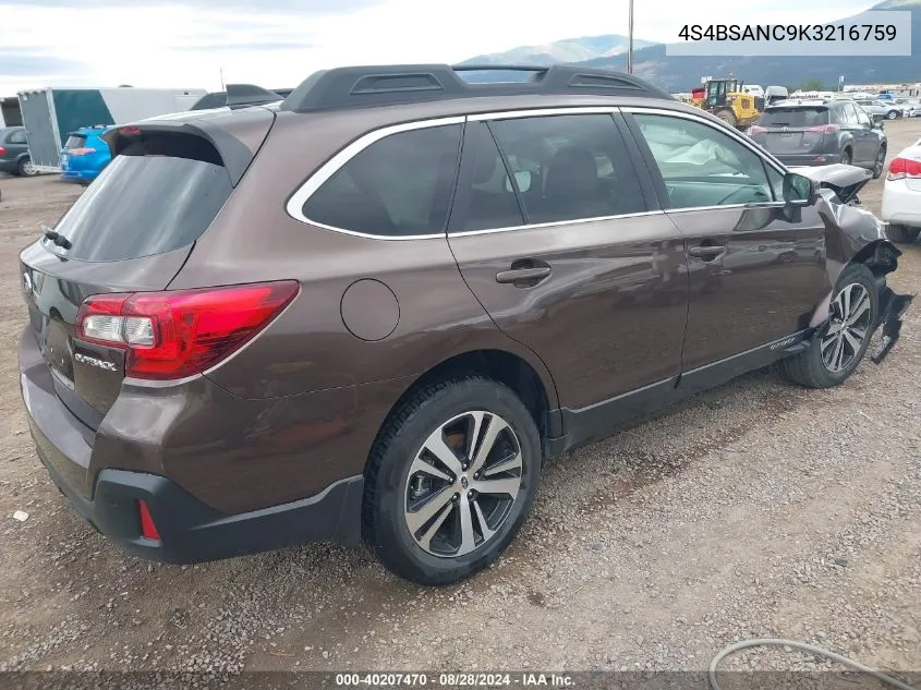 2019 Subaru Outback 2.5I Limited VIN: 4S4BSANC9K3216759 Lot: 40207470