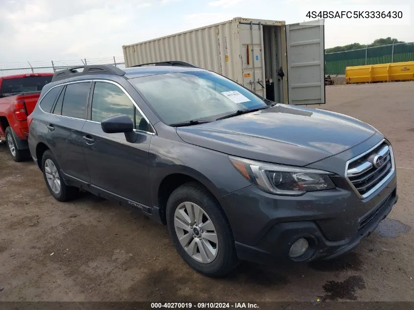 2019 Subaru Outback 2.5I Premium VIN: 4S4BSAFC5K3336430 Lot: 40270019