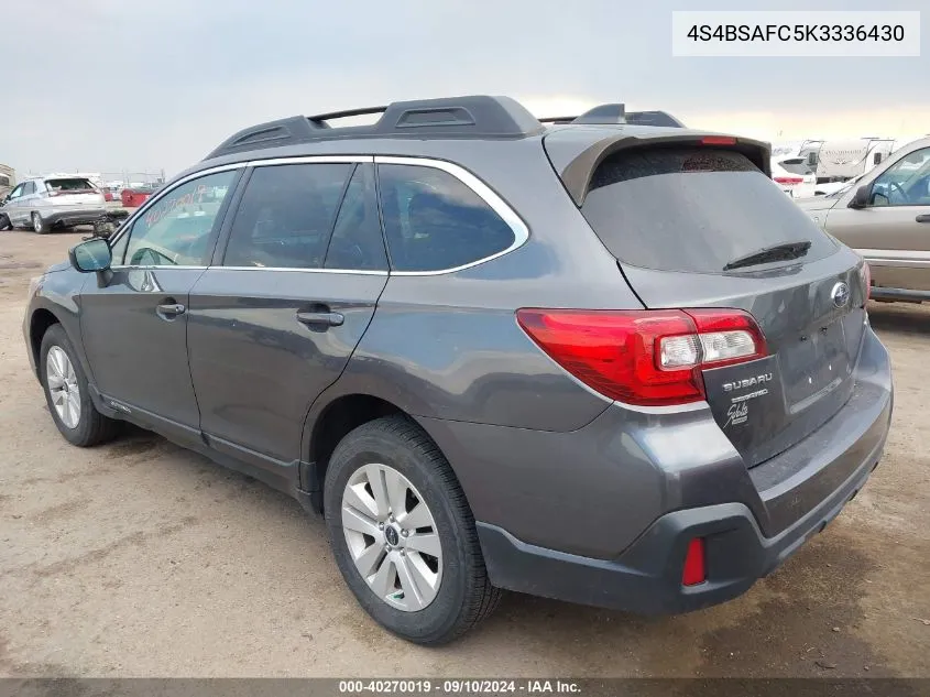 2019 Subaru Outback 2.5I Premium VIN: 4S4BSAFC5K3336430 Lot: 40270019