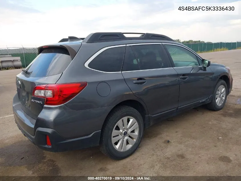 2019 Subaru Outback 2.5I Premium VIN: 4S4BSAFC5K3336430 Lot: 40270019