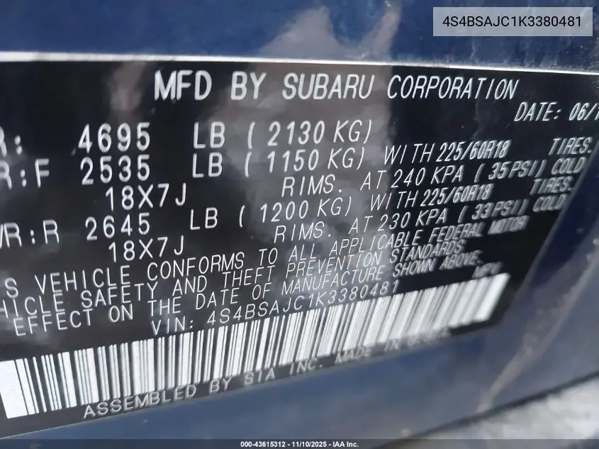 4S4BSAJC1K3380481 2019 Subaru Outback 2.5I Limited