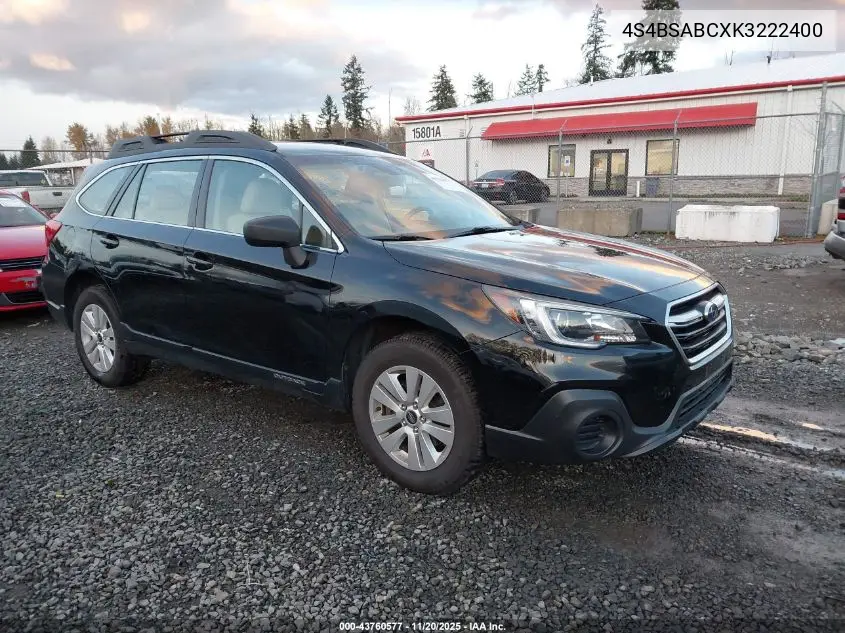 4S4BSABCXK3222400 2019 Subaru Outback 2.5I