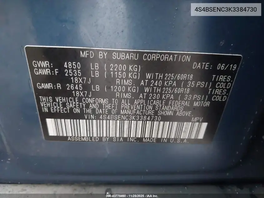 4S4BSENC3K3384730 2019 Subaru Outback 3.6R Limited