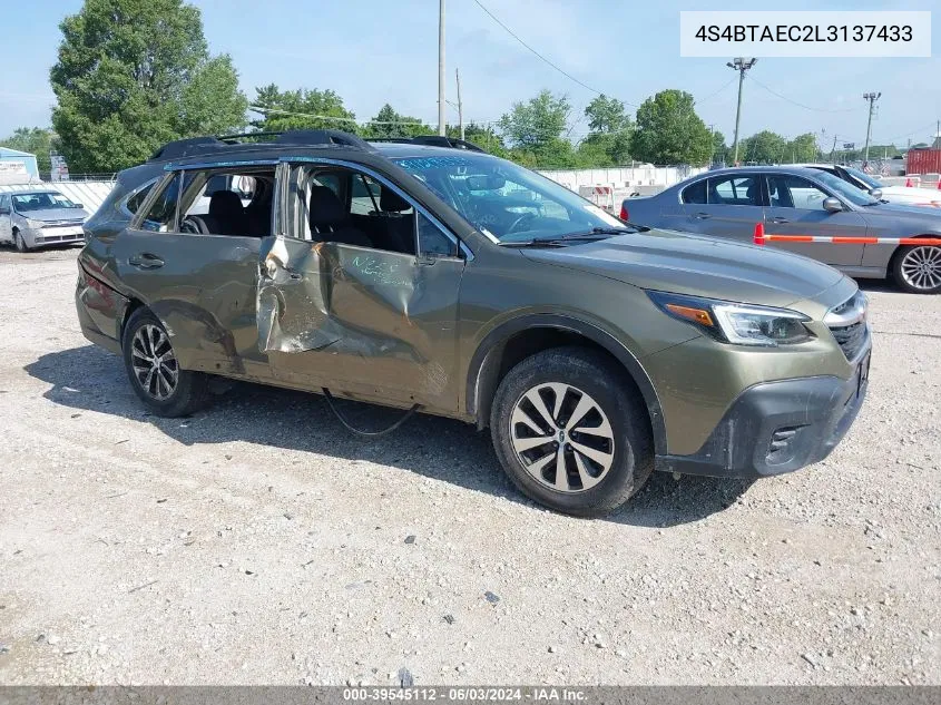 2020 Subaru Outback Premium VIN: 4S4BTAEC2L3137433 Lot: 39545112