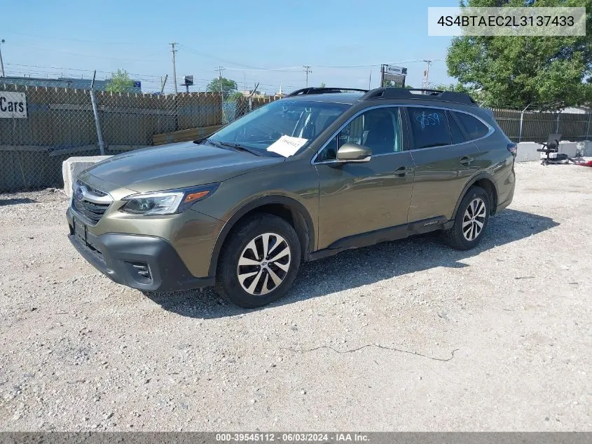 2020 Subaru Outback Premium VIN: 4S4BTAEC2L3137433 Lot: 39545112