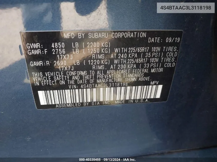 2020 Subaru Outback VIN: 4S4BTAAC3L3118198 Lot: 40335455