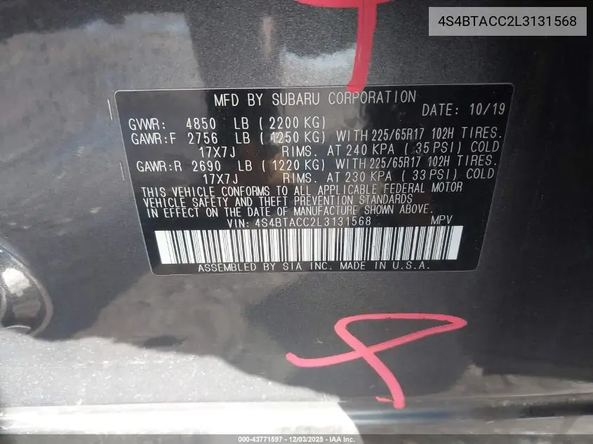 4S4BTACC2L3131568 2020 Subaru Outback Premium