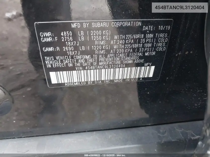 4S4BTANC9L3120404 2020 Subaru Outback Limited