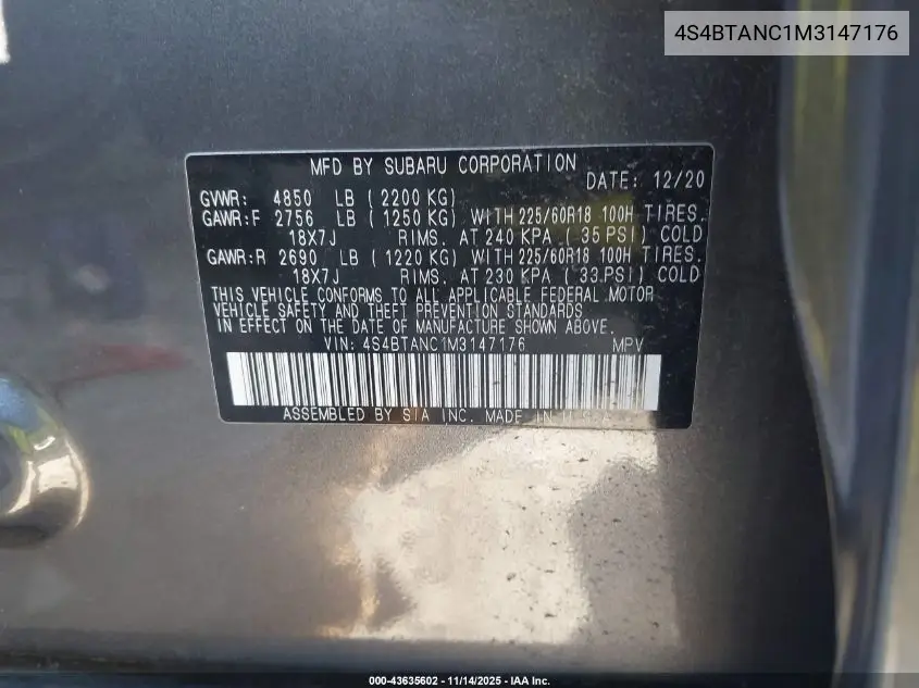 4S4BTANC1M3147176 2021 Subaru Outback Limited