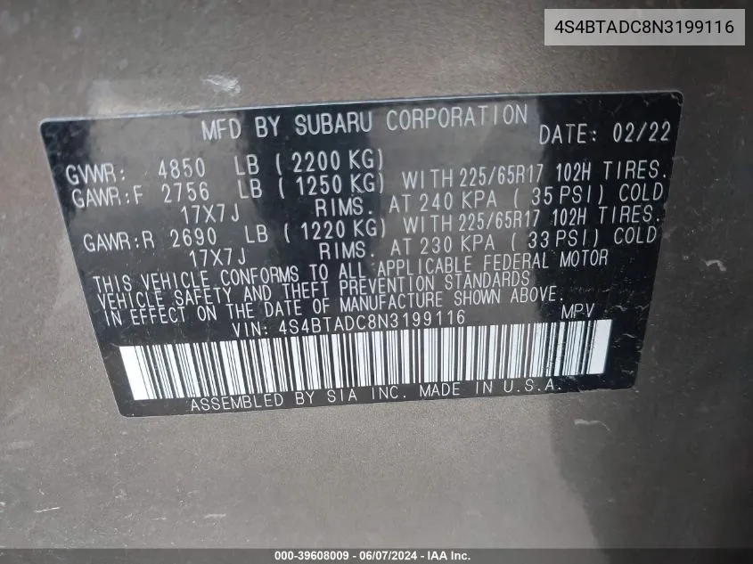 2022 Subaru Outback Premium VIN: 4S4BTADC8N3199116 Lot: 39608009