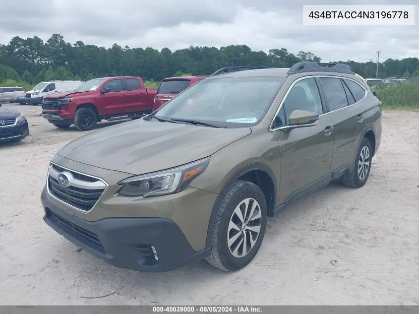 2022 Subaru Outback Premium VIN: 4S4BTACC4N3196778 Lot: 40039000