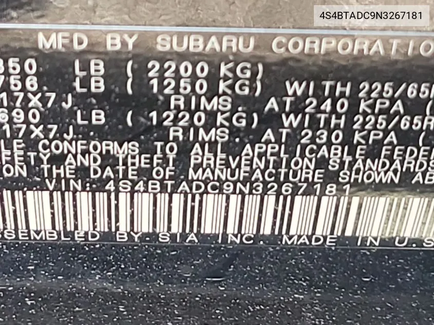 4S4BTADC9N3267181 2022 Subaru Outback Premium