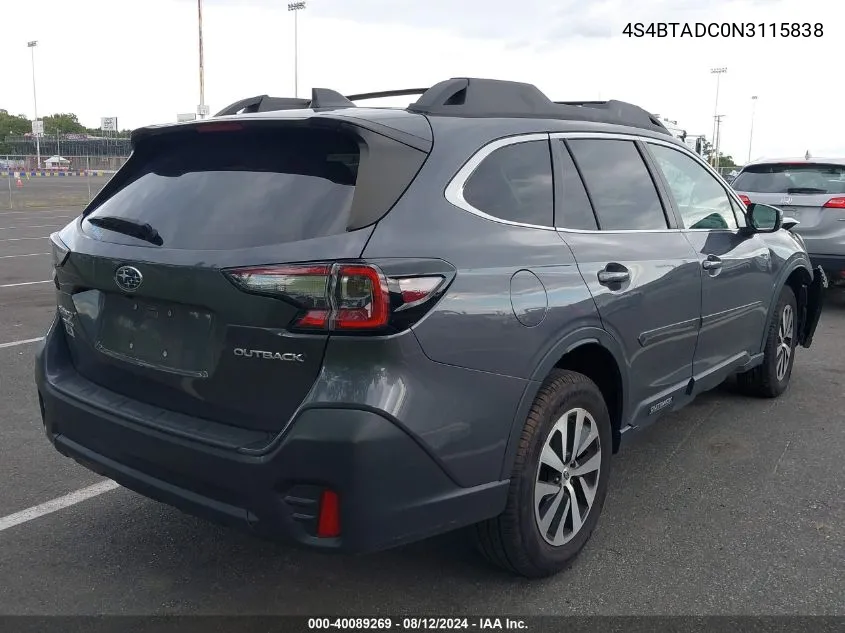 2022 Subaru Outback Premium VIN: 4S4BTADC0N3115838 Lot: 40089269