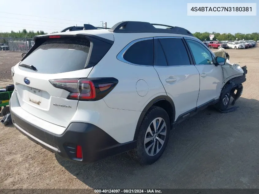 2022 Subaru Outback Premium VIN: 4S4BTACC7N3180381 Lot: 40124097