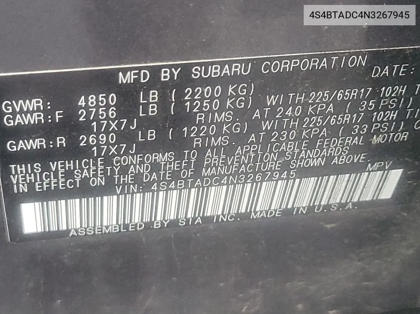 4S4BTADC4N3267945 2022 Subaru Outback Premium