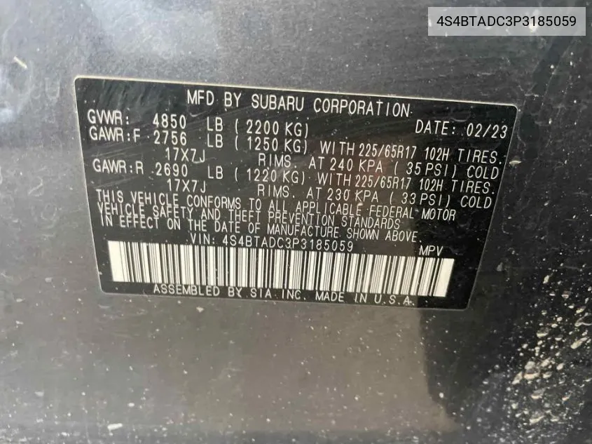 2023 Subaru Outback Premium VIN: 4S4BTADC3P3185059 Lot: 40139808