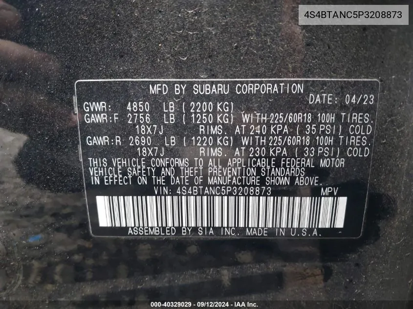 4S4BTANC5P3208873 2023 Subaru Outback Limited