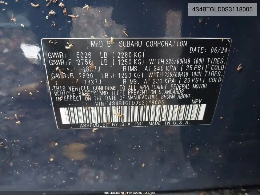 4S4BTGLD0S3118005 2025 Subaru Outback Onyx Edition Xt