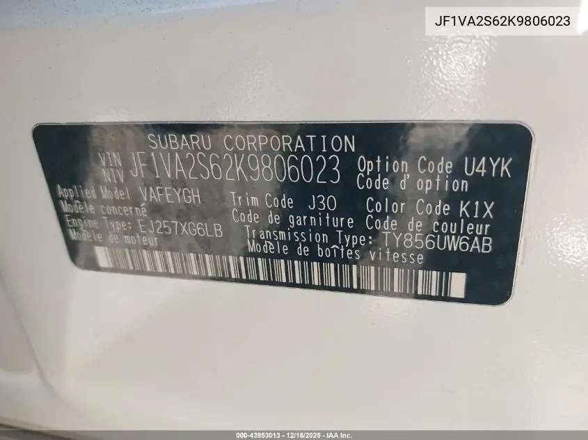 JF1VA2S62K9806023 2019 Subaru Wrx Sti