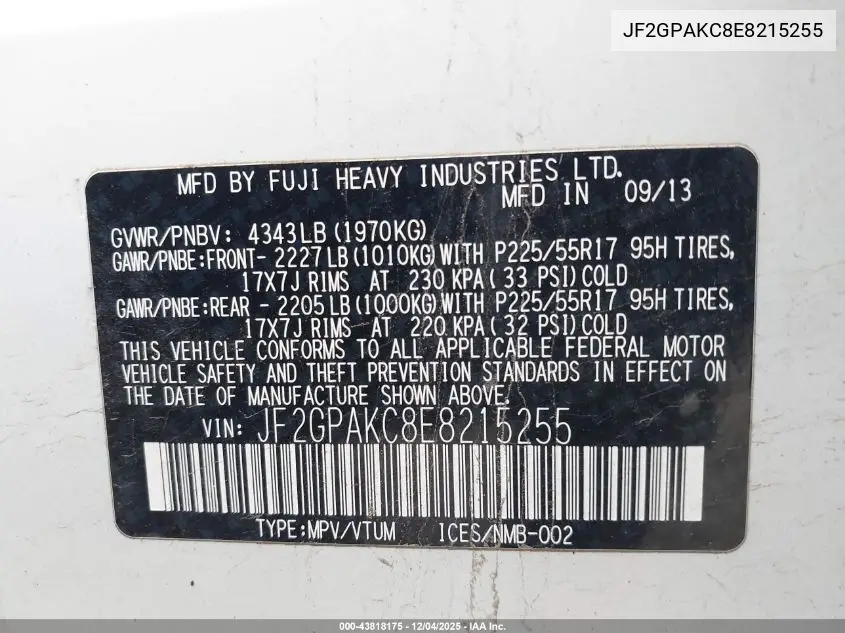 JF2GPAKC8E8215255 2014 Subaru Xv Crosstrek 2.0I Limited