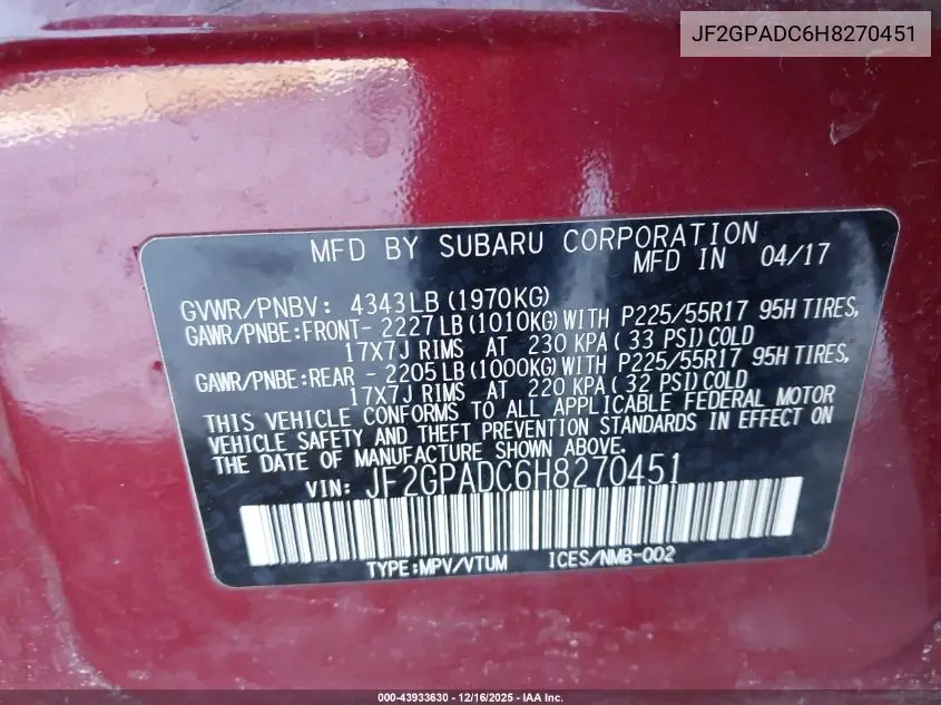 JF2GPADC6H8270451 2017 Subaru Crosstrek 2.0I Premium