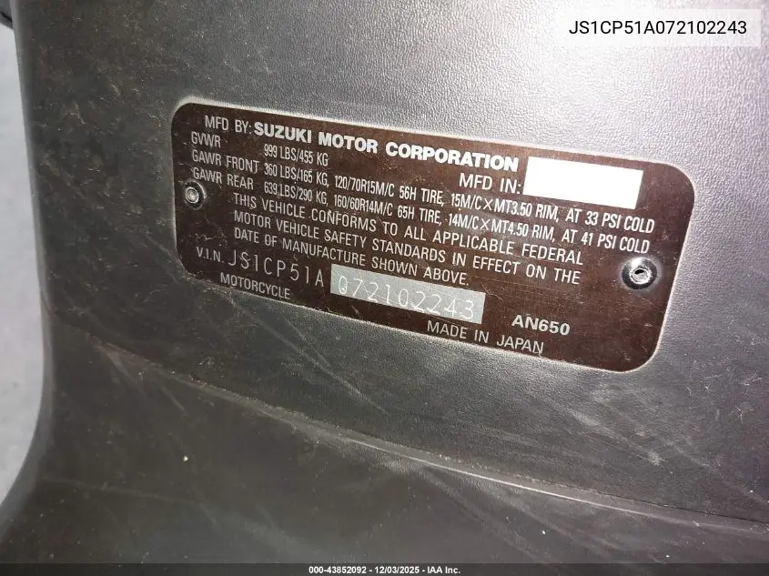 JS1CP51A072102243 2007 Suzuki An650