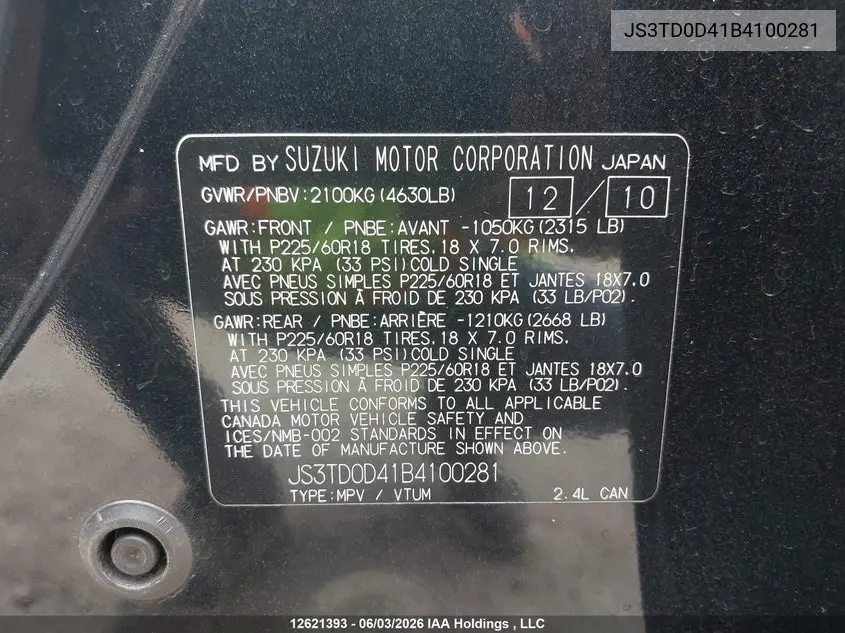 2011 Suzuki Grand Vitara Xsport VIN: JS3TD0D41B4100281 Lot: 12621393