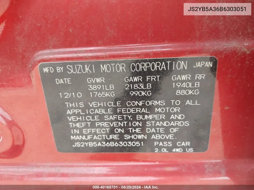 JS2YB5A36B6303051 2011 Suzuki Sx4 Crossover Technology/Premium/Tech Valu Pkg (Nav)