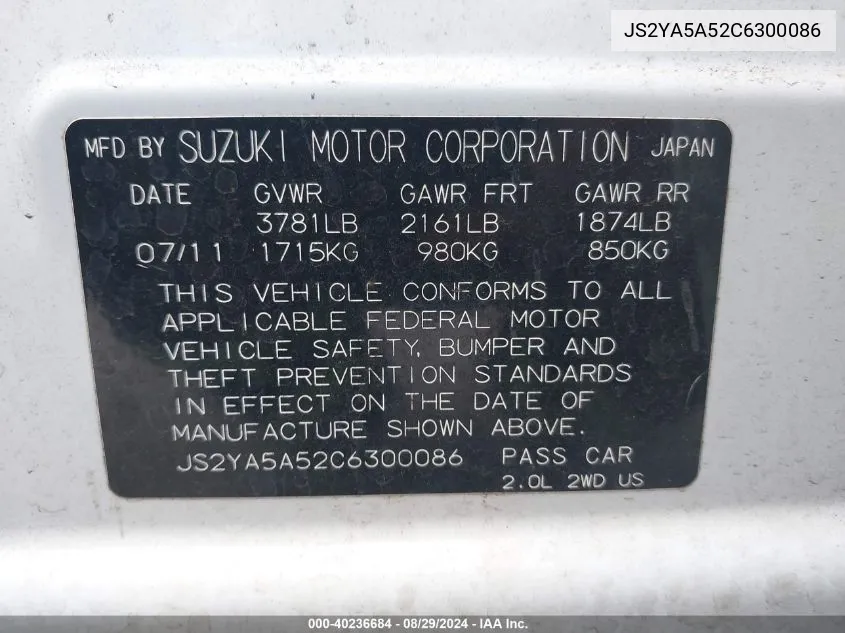 2012 Suzuki Sx4 Technology (Nav) VIN: JS2YA5A52C6300086 Lot: 40236684