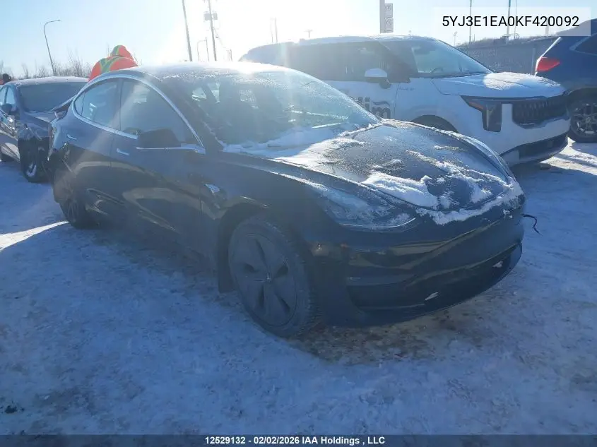 5YJ3E1EA0KF420092 2019 Tesla Model 3 Long Range/Mid Range/Standard Range/Standard Range Plus