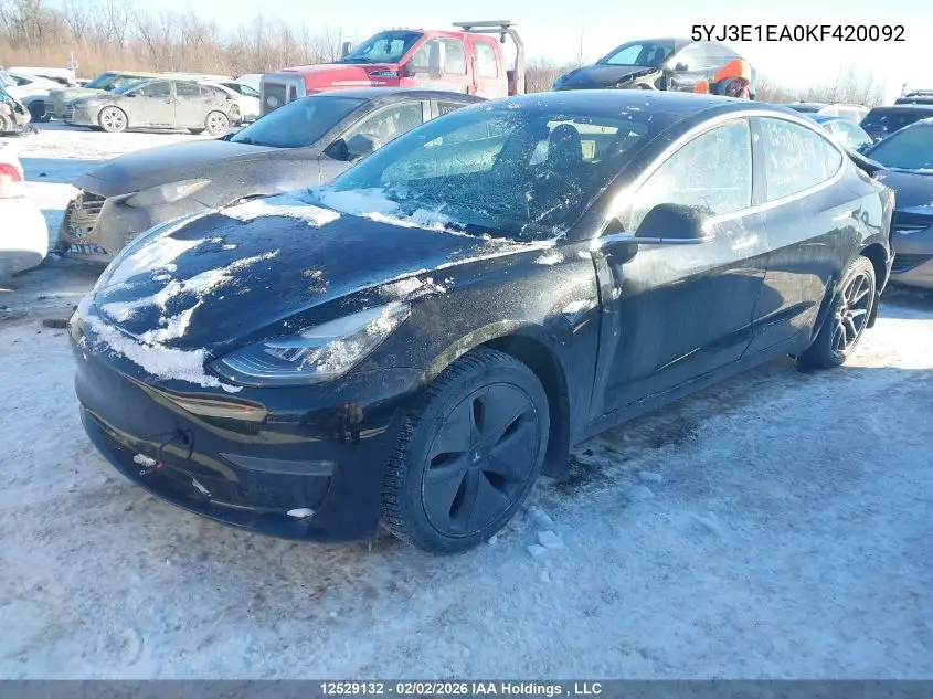 5YJ3E1EA0KF420092 2019 Tesla Model 3 Long Range/Mid Range/Standard Range/Standard Range Plus