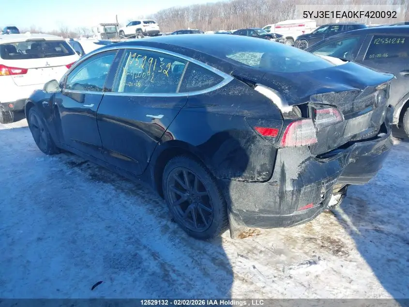 5YJ3E1EA0KF420092 2019 Tesla Model 3 Long Range/Mid Range/Standard Range/Standard Range Plus
