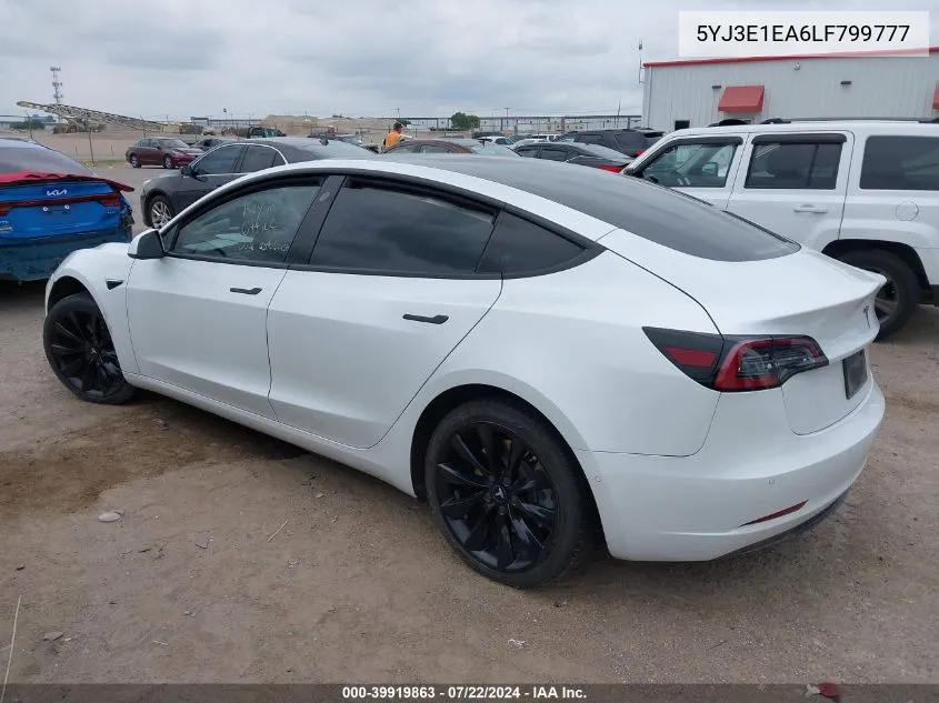 2020 Tesla Model 3 Standard Range Plus Rear-Wheel Drive/Standard Range Rear-Wheel Drive VIN: 5YJ3E1EA6LF799777 Lot: 39919863