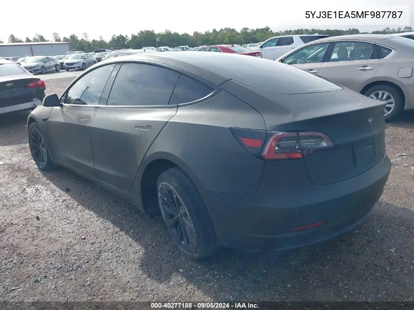 2021 Tesla Model 3 Standard Range Plus Rear-Wheel Drive VIN: 5YJ3E1EA5MF987787 Lot: 40277188