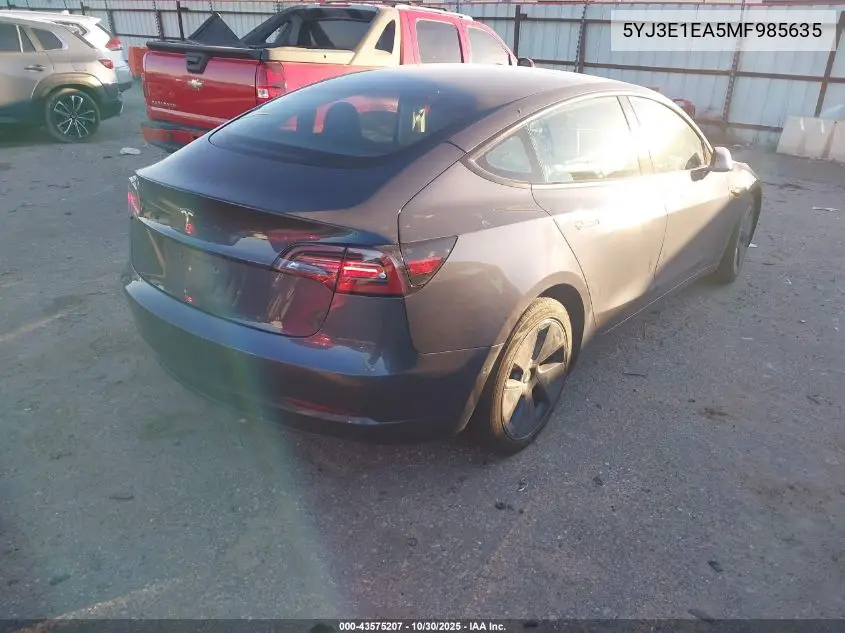 5YJ3E1EA5MF985635 2021 Tesla Model 3 Standard Range Plus Rear-Wheel Drive