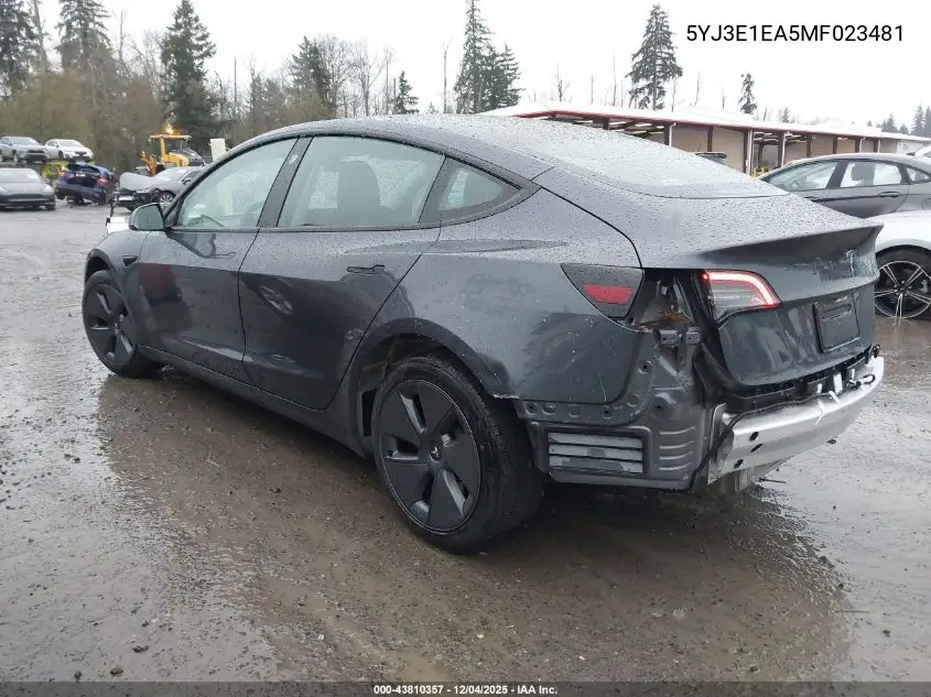 5YJ3E1EA5MF023481 2021 Tesla Model 3 Standard Range Plus Rear-Wheel Drive