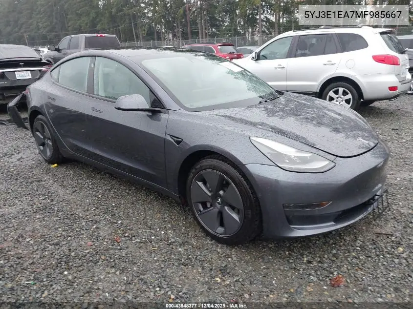5YJ3E1EA7MF985667 2021 Tesla Model 3 Standard Range Plus Rear-Wheel Drive
