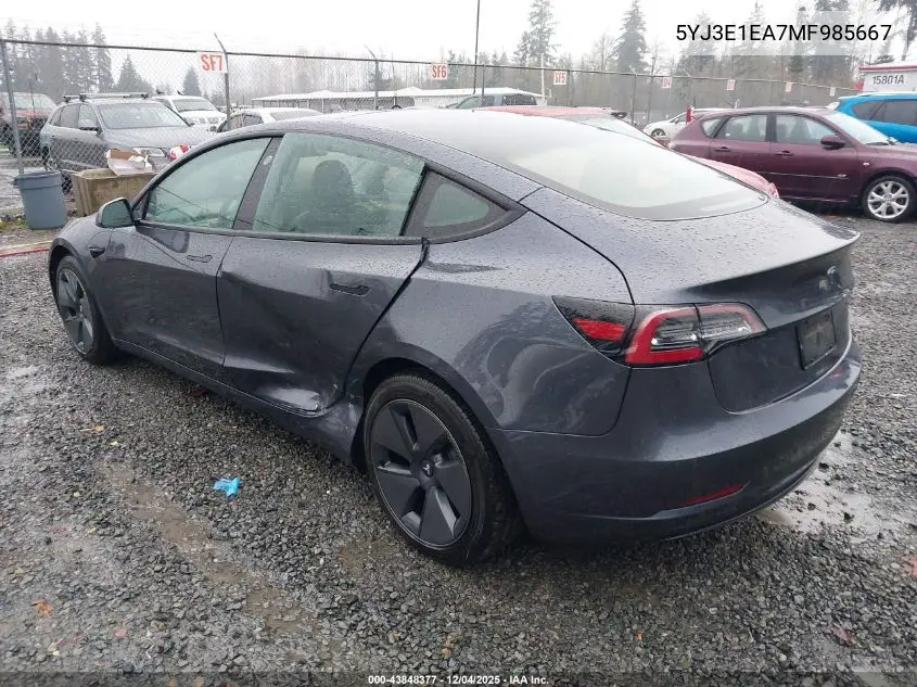 5YJ3E1EA7MF985667 2021 Tesla Model 3 Standard Range Plus Rear-Wheel Drive