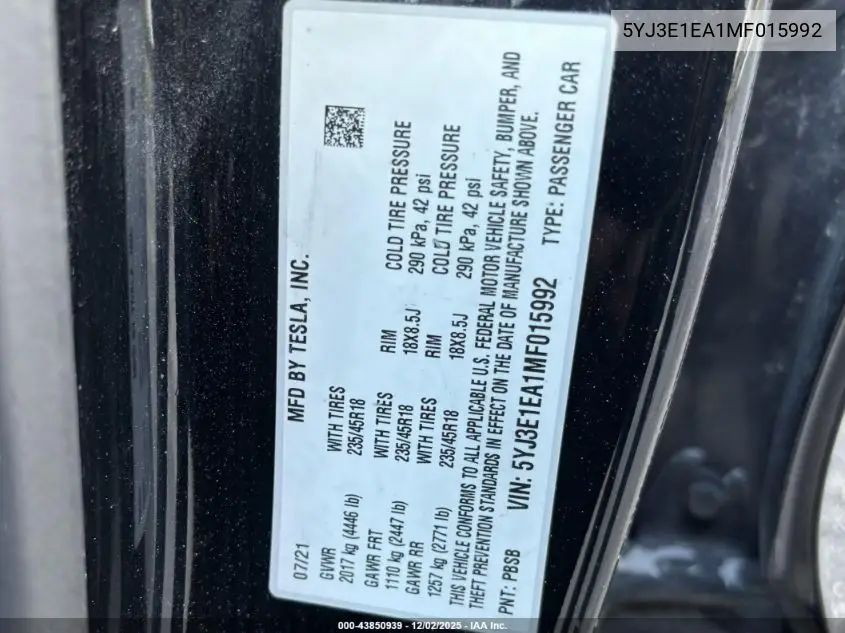 5YJ3E1EA1MF015992 2021 Tesla Model 3 Standard Range Plus Rear-Wheel Drive