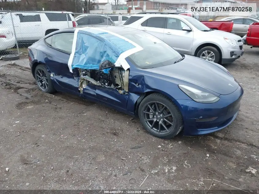 5YJ3E1EA7MF870258 2021 Tesla Model 3 Standard Range Plus Rear-Wheel Drive