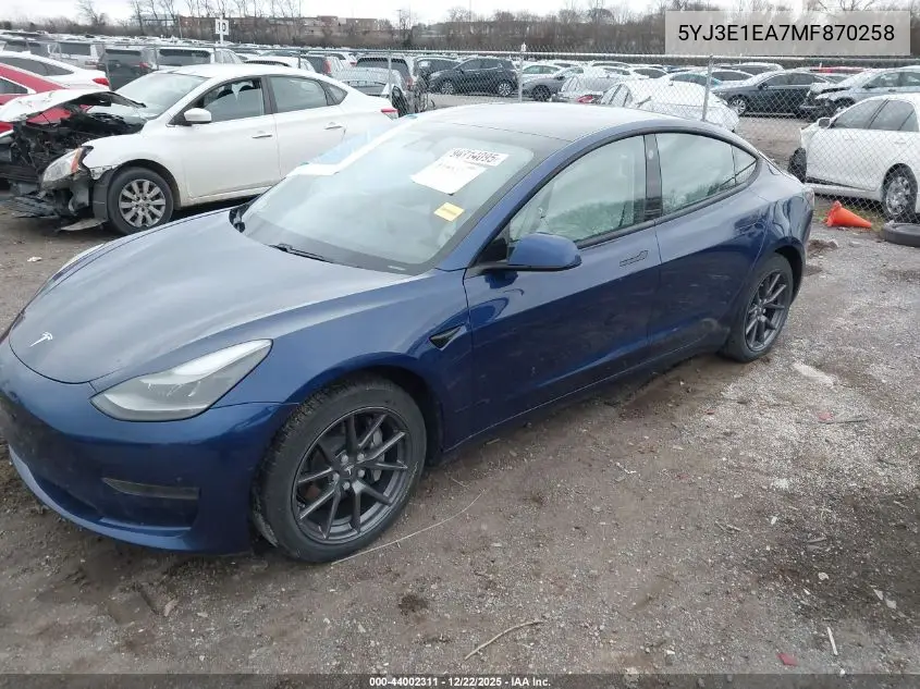 5YJ3E1EA7MF870258 2021 Tesla Model 3 Standard Range Plus Rear-Wheel Drive
