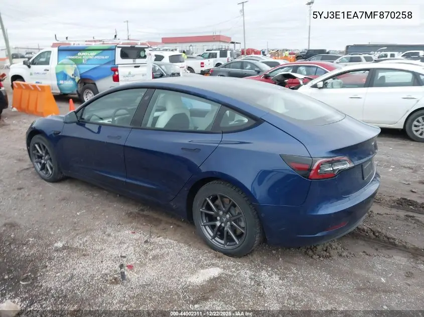 5YJ3E1EA7MF870258 2021 Tesla Model 3 Standard Range Plus Rear-Wheel Drive