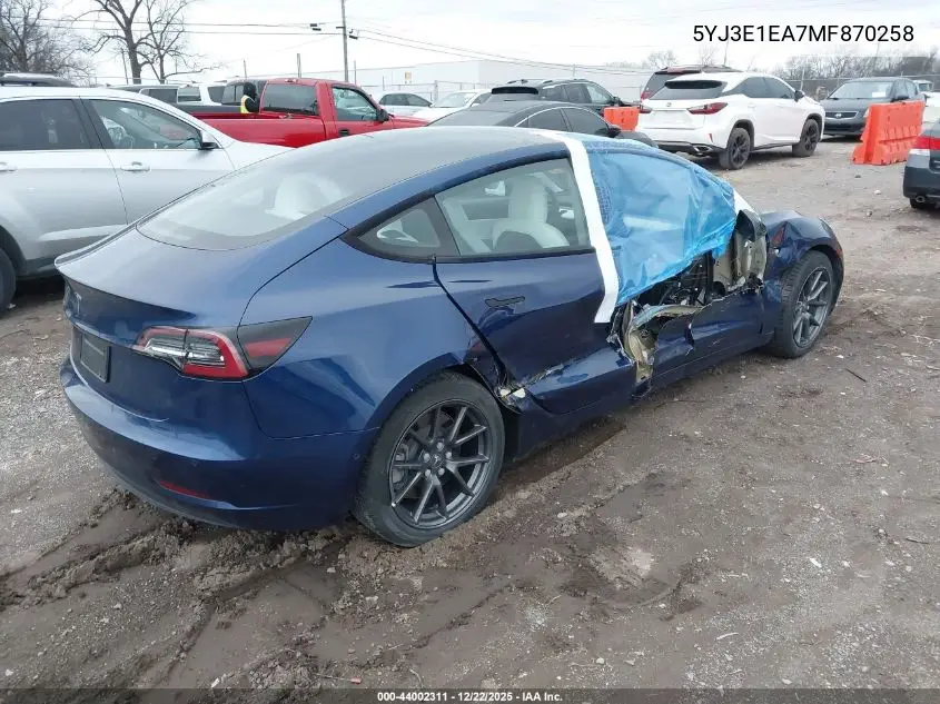 5YJ3E1EA7MF870258 2021 Tesla Model 3 Standard Range Plus Rear-Wheel Drive