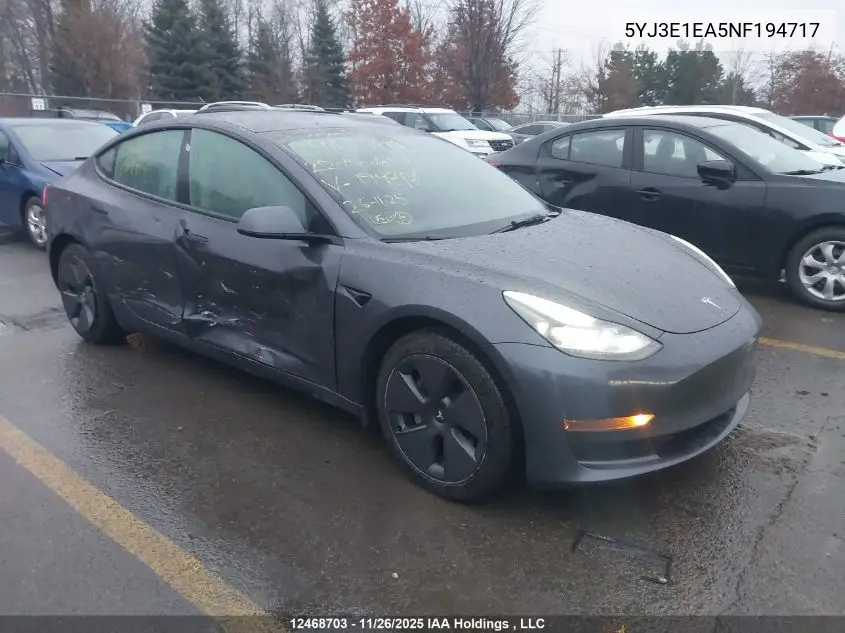 5YJ3E1EA5NF194717 2022 Tesla Model 3