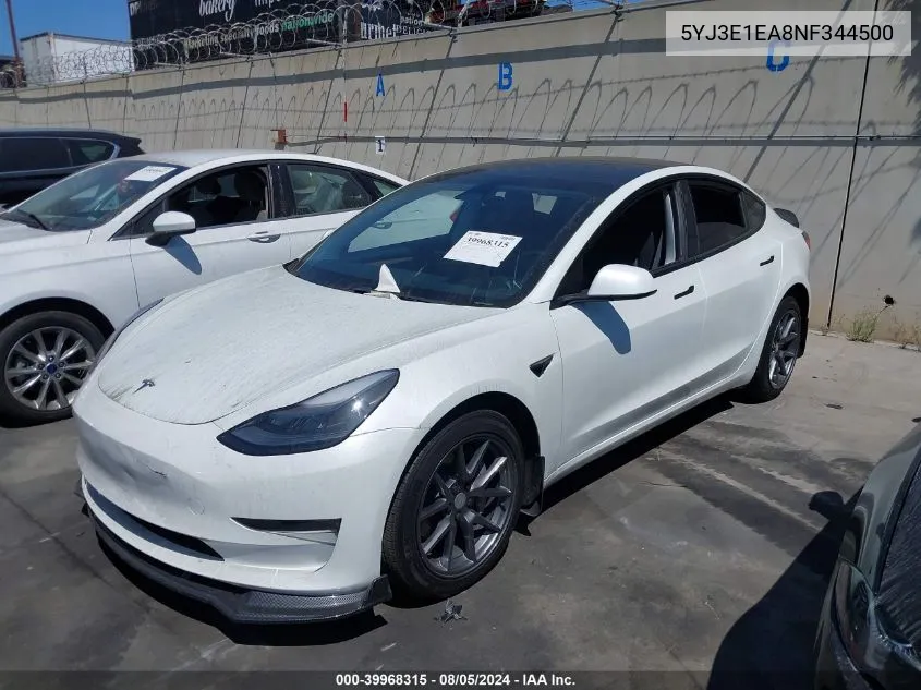 2022 Tesla Model 3 VIN: 5YJ3E1EA8NF344500 Lot: 39968315