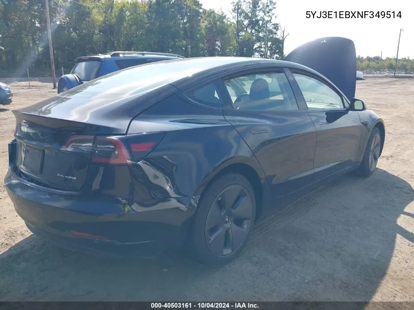 2022 Tesla Model 3 Long Range Dual Motor All-Wheel Drive VIN: 5YJ3E1EBXNF349514 Lot: 40503161