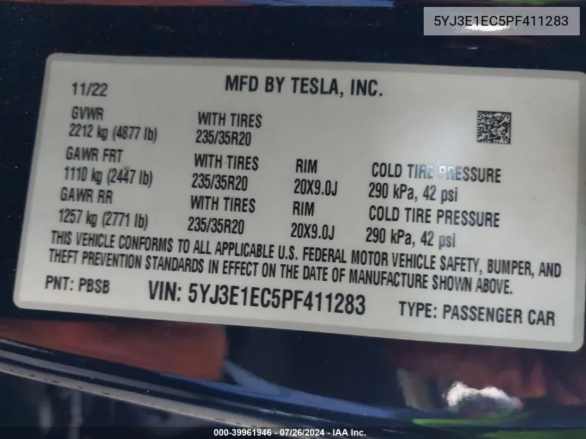 2023 Tesla Model 3 Performance Dual Motor All-Wheel Drive VIN: 5YJ3E1EC5PF411283 Lot: 39961946