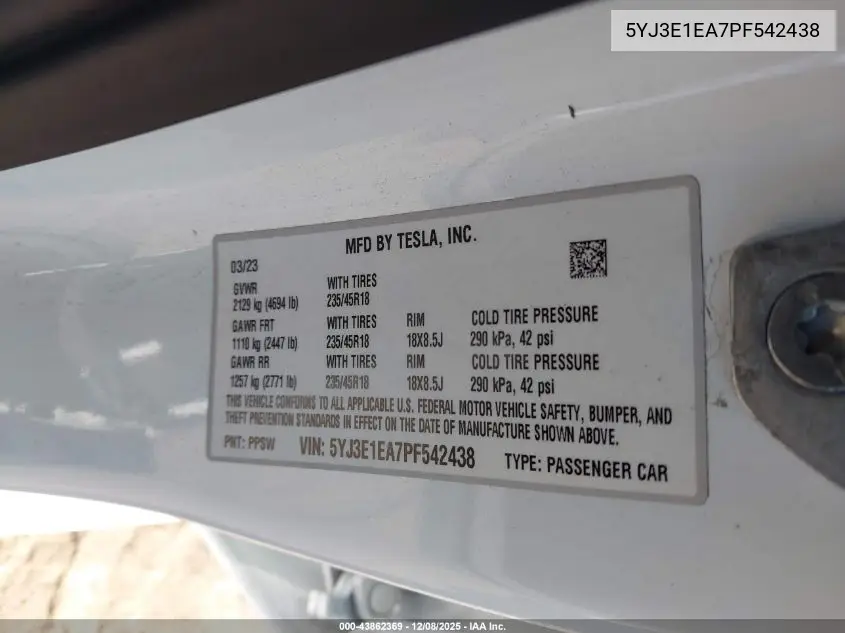 5YJ3E1EA7PF542438 2023 Tesla Model 3 Rear-Wheel Drive