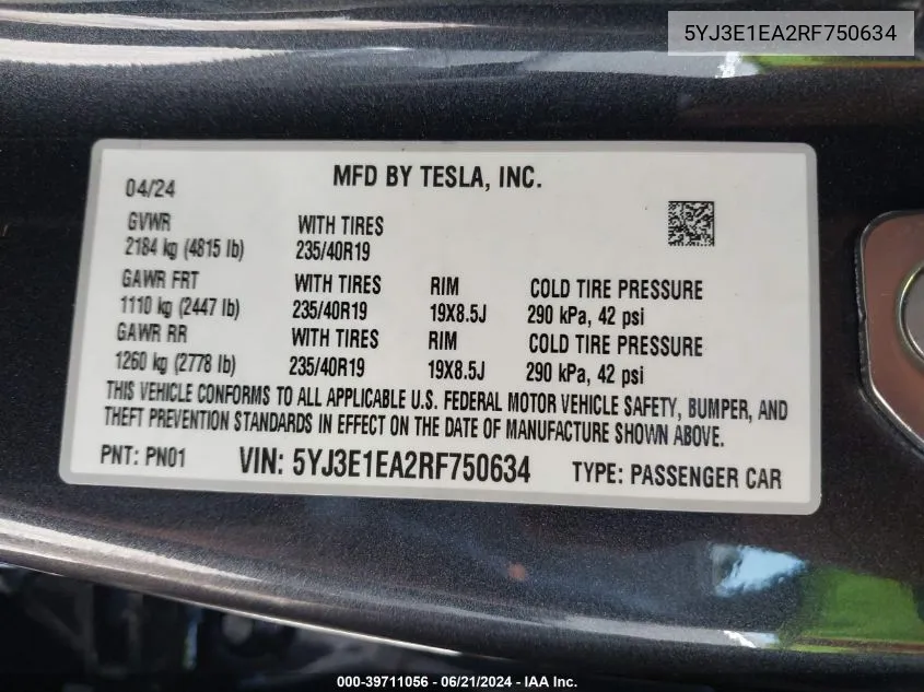 2024 Tesla Model 3 Rear-Wheel Drive VIN: 5YJ3E1EA2RF750634 Lot: 39711056